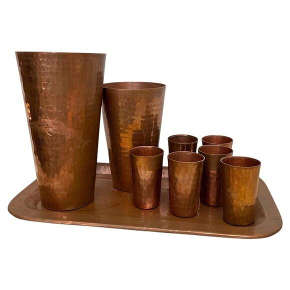 Sertodo Hammered Copper Bar Set Mexico Pitchers Tray Cups Vintage MCM - Picture 2 of 10